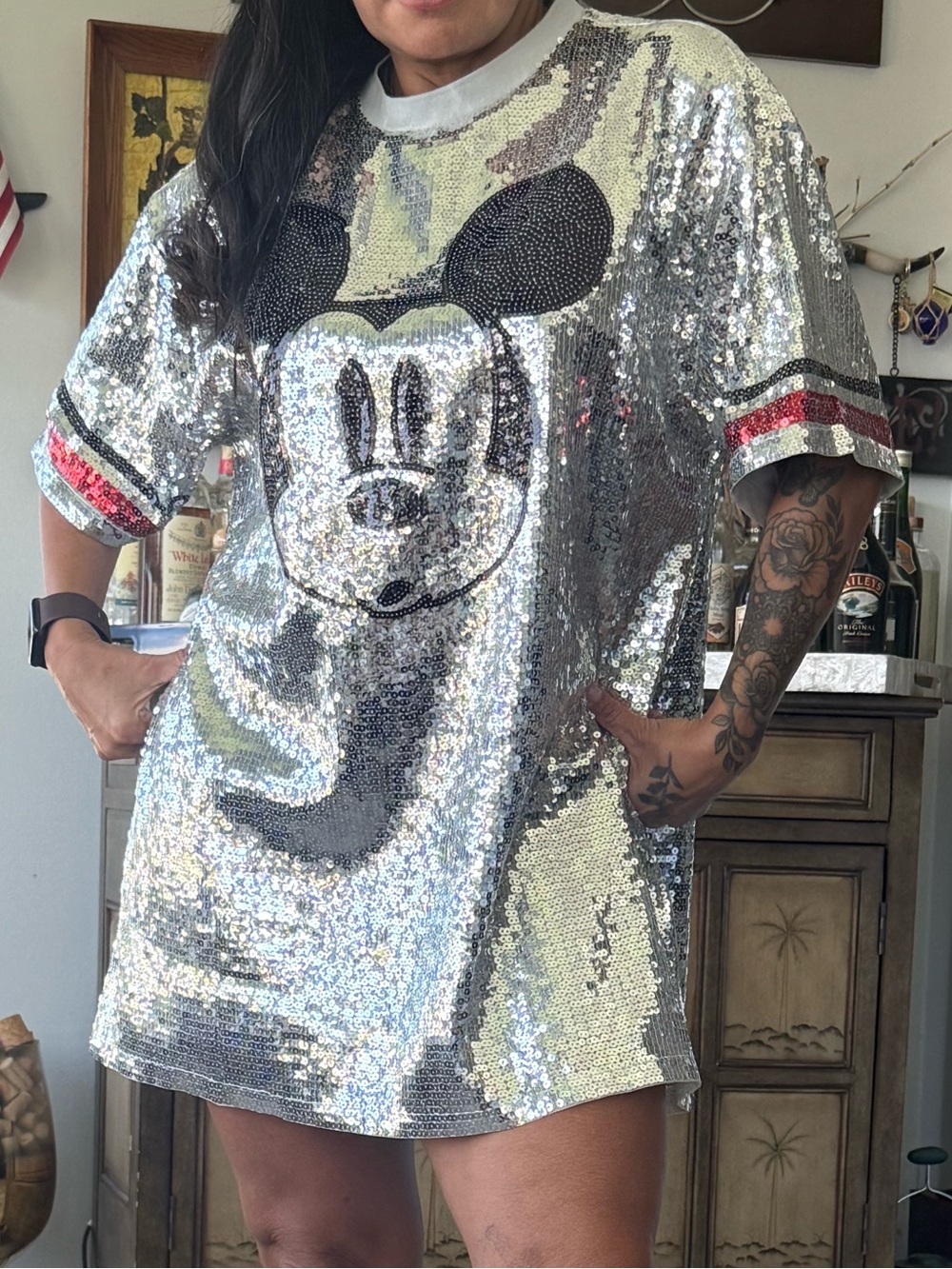 Louis Vuitton Silver Sequin Mickey Mini Dress with Black & Red Accents